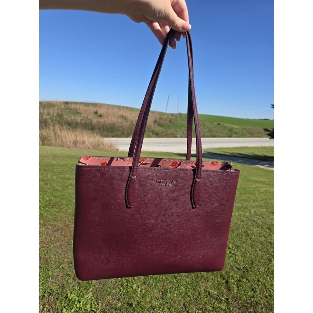 Kate Spade New York Burgundy Leather Large Tote Bag Gold Hardware Zip Pouch